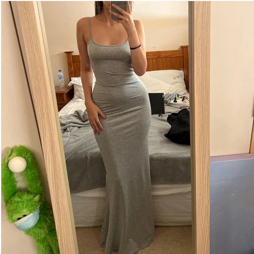 Satin Silhouette Slip Dress, Silver, size small